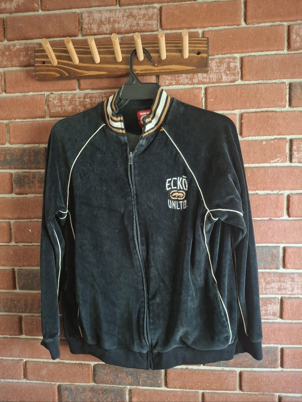 Ecko Unlimited Black Velour Bomber Jacket with Contrast Piping